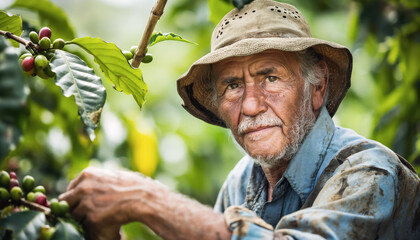 Wall Mural - Farmer or picker working on his coffee farm, collecting red berries growing bushes in foreground. Generative AI