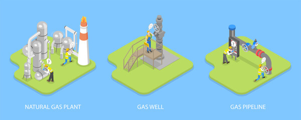 3D Isometric Flat Vector Illustration of Natural Gas Extraction, Getting Fossil Energy