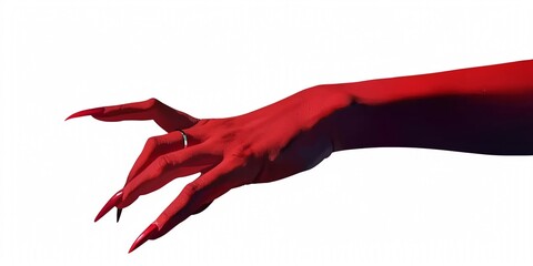 Wall Mural - Scary red female demon's hand isolated on white background, Halloween character, poster, cards, party.