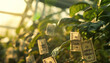 Small paper banknotes growing over green plants in greenhouse - money grows on tree concept. Generative AI