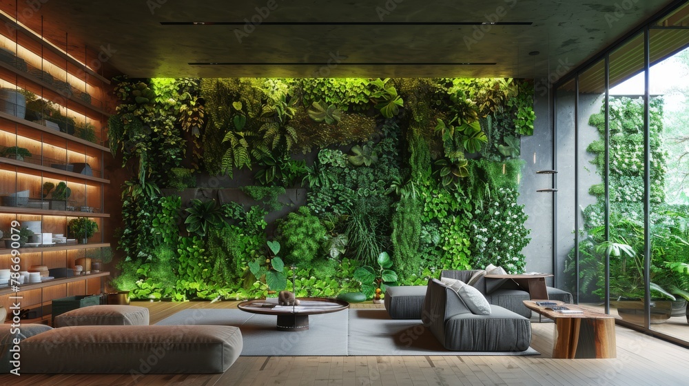 Interiors featuring biophilic design with lush green walls and nature ...