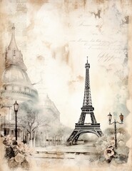 Poster - cozy Paris street with view on the famous Eiffel Tower, Paris France, vintage postcards