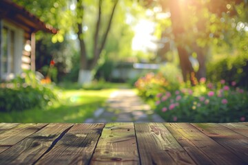 Wall Mural - Beautiful blurred background of an empty wooden table with copy space for product display, blurred garden house in spring time with a bokeh effect in the style of spring time Generative AI