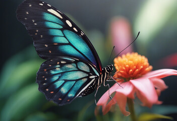 Wall Mural - Bright colorful wings of a tropical butterfly on black Papilio blumei Close up Butterfly wings textu