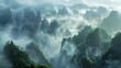 Ethereal landscape of towering mountains enveloped in thick mist, highlighting the natural beauty and mystery.