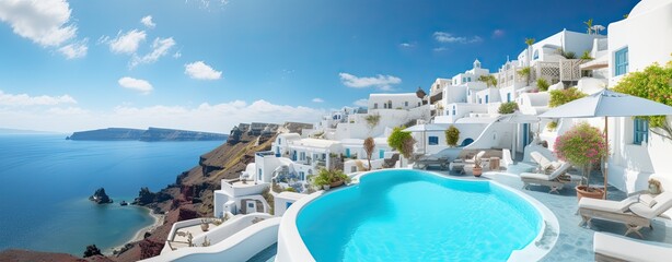 Wall Mural - traditional greek village Oia of Santorini, with blue domes against sea and caldera with sunet in background, Greece, illustration