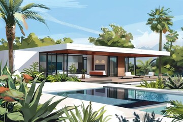 Wall Mural - serene modern villa with open plan living and private bedroom terrace architectural illustration