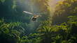 Helicopter flying low over a tropical rainforest canopy for aerial surveying. Happiness, love, health, courage, desire to live