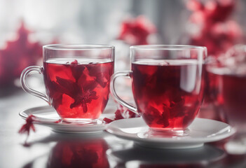 Two cups of hibiscus tea isolated on white Vitamin tea for cold and flu Herbal tea