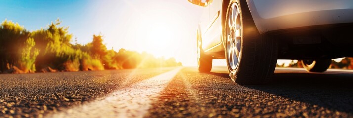 Fototapete - Golden Sunflare on the Horizon during a Scenic Road Trip, Evoking a Sense of Freedom and Adventure at Sunset, Generative AI