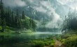 A beautiful mountain lake surrounded by dense pine forests and grassy hills, with an old dirt path leading to the shore Generative AI