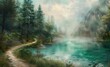 A winding path leading through the forest, with mist rising from an emerald green lake in front of it and tall pine trees lining its edge Generative AI