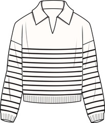 Wall Mural - Women's Striped V Polo Neck, Jumper- Technical fashion illustration. Front, white and black color. Women's CAD mock-up.