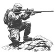 sniper army soldier in action full body image using Old engraving style