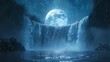 Mystical moonlit waterfall with twinkling stars and a giant moon in a serene night setting