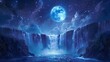 Mystical moonlit waterfall with twinkling stars and a giant moon in a serene night setting