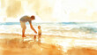 A painting depicting a man and a child standing on a sandy beach, gazing out at the ocean