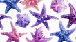 Colorful watercolor starfish pattern on white background