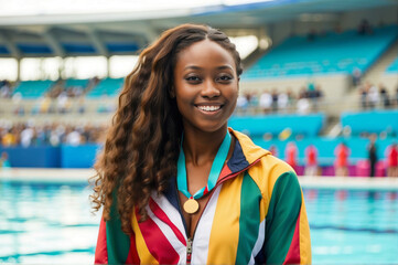 Professional female African swimmer with gold medal at swimming competition, young woman smiling with pride after competing at the olympic games and winning first place. Concept of the olympic games