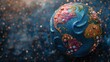 A vibrant and glittering globe decorated with jewels and embroidered with sequins against a bokeh background, symbolizing planet Earth in the space.