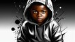 Serious African American boy - teenager in sweatshirt, graffiti style, illustration.