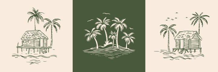 Leinwandbilder - Hand drawn palm tree doodle illustration set. Green hawaiian print, summer vacation background collection in vintage art style. Tropical plant painting clip art bundle.
