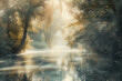 A serene photograph of a tranquil natural setting, with elements like trees, water, and sunlight evoking a sense of spiritual connection and harmony, portrayed in a dreamy style.