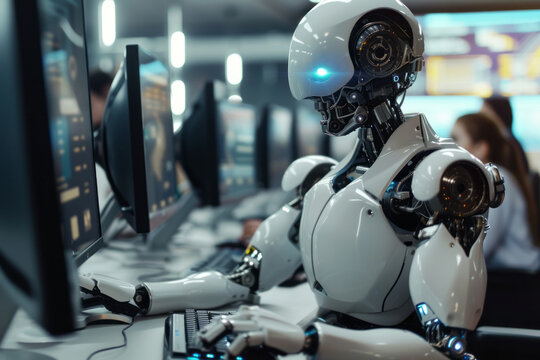 A robot working at a computer among people. Machine versus people at work in the office close up, with space for text or inscriptions
