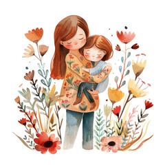 Warm Mother and Child Hugging in Spring Flower l Mom and her Kid Love Floral Design l Soft Color Lovely Mood Clipart Transparent Background l Cute Family Mum and Children for Summer Fall Autumn 