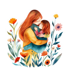 Wall Mural - Warm Mother and Child Hugging in Spring Flower l Mom and her Kid Love Floral Design l Soft Color Lovely Mood Clipart Transparent Background l Cute Family Mum and Children for Summer Fall Autumn 