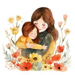 Warm Mother and Child Hugging in Spring Flower l Mom and her Kid Love Floral Design l Soft Color Lovely Mood Clipart Transparent Background l Cute Family Mum and Children for Summer Fall Autumn 