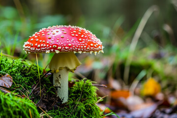 Fly agaric in the forest. Background with selective focus and copy space