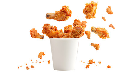 Fried chicken flying out of paper bucket isolated on white background