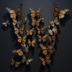 Alphabet made of butterflies on black background. Letter W. 3d rendering