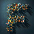 Alphabet made of butterflies on black background. Letter F. 3d rendering