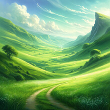A Serene Landscape Featuring A Winding Dirt Road That Cuts Through A Lush, Green Valley With Rolling Hills And Distant Mountains Under A Clear Blue Sky.