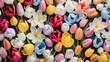 Assorted colorful tulips creating a vibrant floral pattern