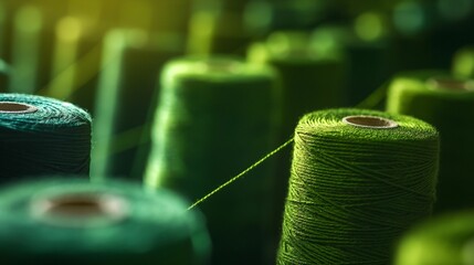 Macro shot of green spools of thread lined up in a textile production facility, showcasing industrial material..