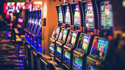 A vibrant row of colorful casino slot machines, illuminated and inviting, set against a blurred background..