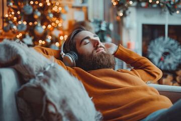 Handsome bearded man in headphones comfortably seated, leaning back, relaxing and listening to good music. Quiet and cozy Christmas celebrations at home