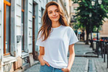 Wall Mural - Mockup.Young girl in blank white tshirt in city street. Mock up template for t-shirt design print