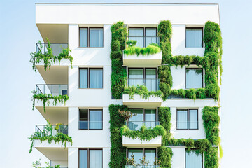 Wall Mural - White modern residential building with green plant walls. Sustainable living, ecology and green urban environment concept