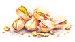 Pistachio kernels in shell on white background with watercolor effect.