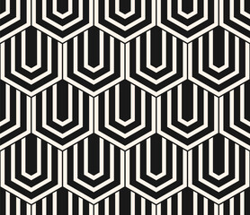 Wall Mural - Vector geometric seamless pattern with hexagons, lines. Black and white abstract minimal background with hexagonal grid. Simple monochrome texture. Dark repeated geo design for decor, print, textile