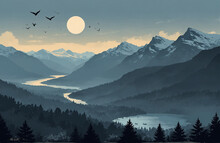 Sunrise Over The Mountains Blue Gry With Birds Flying And Riverbank