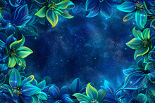 Dive Into A Mesmerizing World Where Vibrant Shades Of Electric Blue And Neon Green Intertwine In An Abstract Floral Frame Set Against The Deep Expanse Of Space, All In Breathtaking