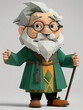 © Khemjira - A stylized 3D model of an elderly man with exaggerated features, wearing glasses and a green coat, against a dark background