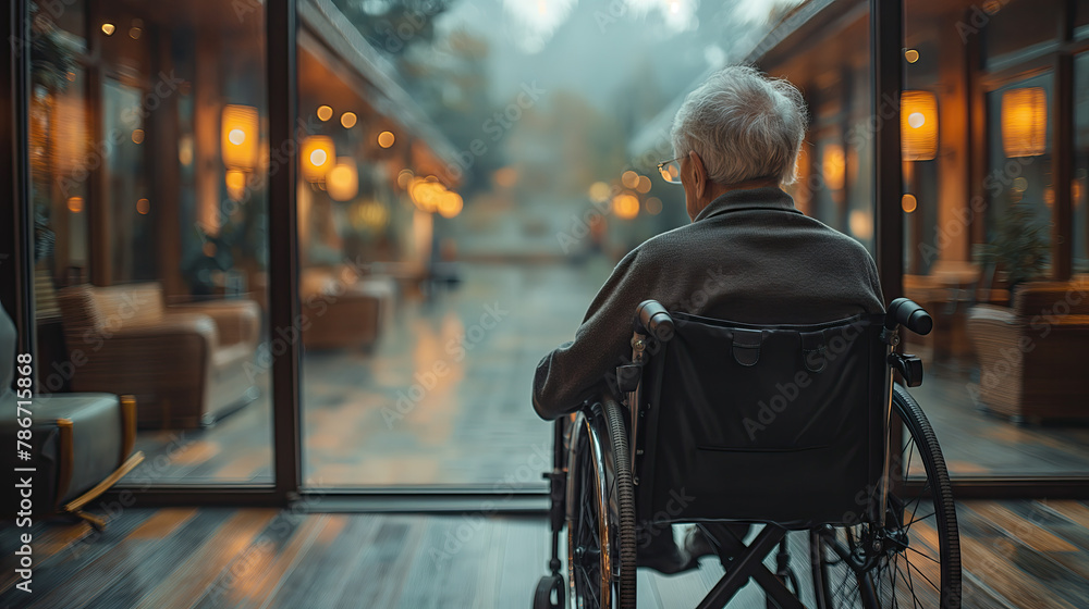 An elderly person sitting in a wheelchair, looking out through glass doors at a serene outdoor setting.