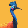 Vibrant illustration of a cassowary with a blue head and an orange background.