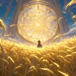 A lone traveler embarks on a quest through a golden field, drawn to an intricate and glowing circular artifact at the horizon.